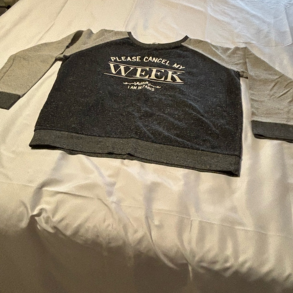 Two-Tone Gray Crewneck Sweatshirt with 'Please Cancel My Week' Print